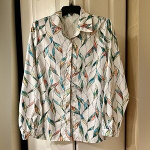 Leaf print button down ladies blouse